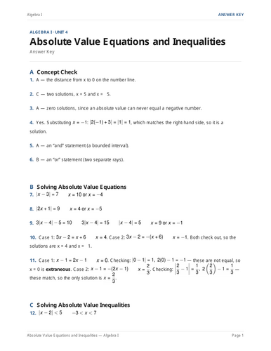 Absolute Value Equations & Inequalities Practice & Key