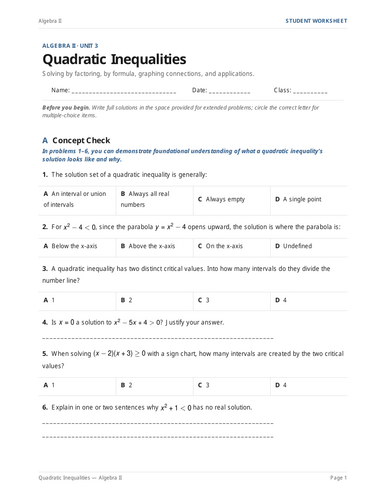 Quadratic Inequalities Practice & Key