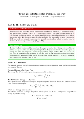 A-Level Physics Cover Work: Electrostatic Potential Energy