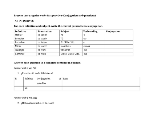 Present tense regular verbs fast practice (Conjugation and questions)