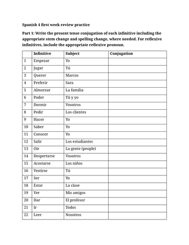Spanish 4 first week review practice