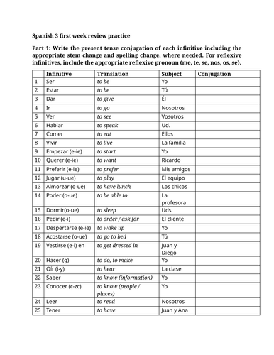 Spanish 3 first week review practice