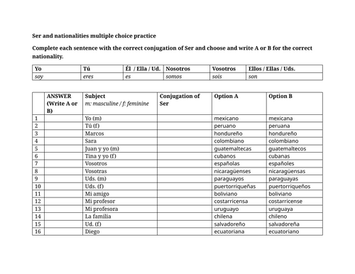 Ser and nationalities multiple choice practice
