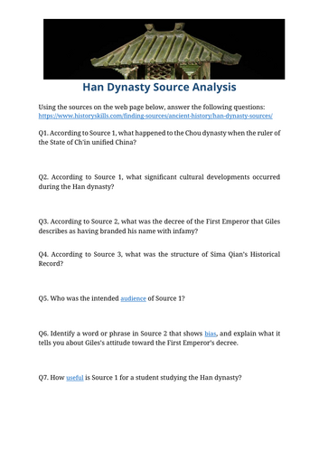 Han Dynasty Source Analysis Worksheet