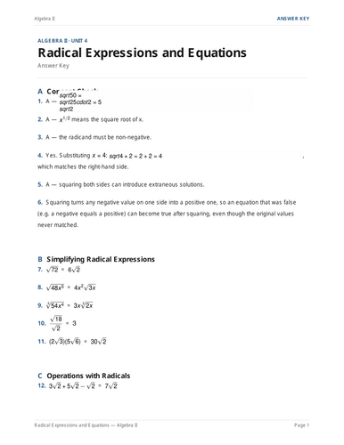 Radical Expressions & Equations Worksheet: Simplifying, Solving, Applications & Key