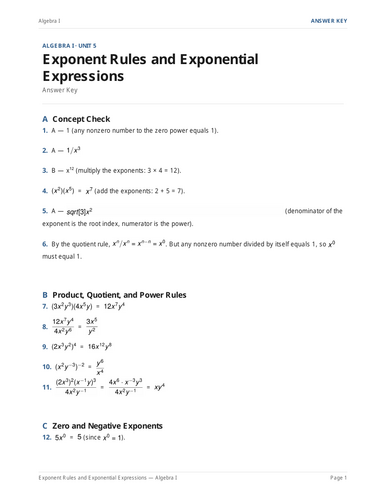 Exponent Rules & Expressions Worksheet + Answer Key