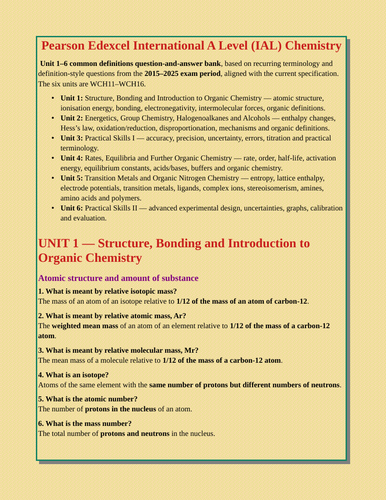 EDEXCEL- IAL - common chemistry definitions from unit 1 to unit 6