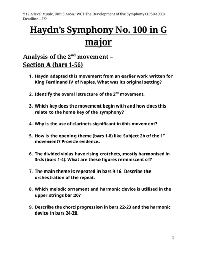 Eduqas A Level Music: Haydn Symphony No.100 – MOVEMENT 2 3-Week Analysis & Homework Programme
