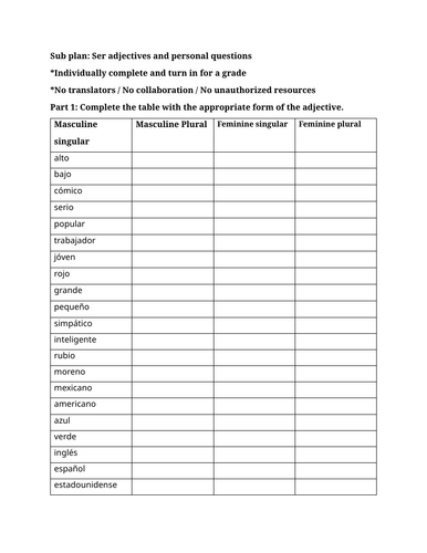 Spanish Sub plan: Ser adjectives and personal questions