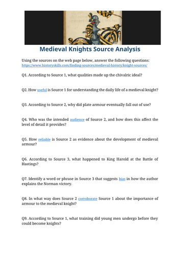 Medieval Knights Source Analysis Worksheet