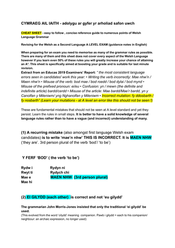 GRAMADEG CYMRAEG: Welsh Grammar revision sheet 2nd Language Welsh A LEVEL