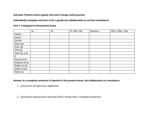 Spanish sub plan: Present tense regular and stem change verbs practice