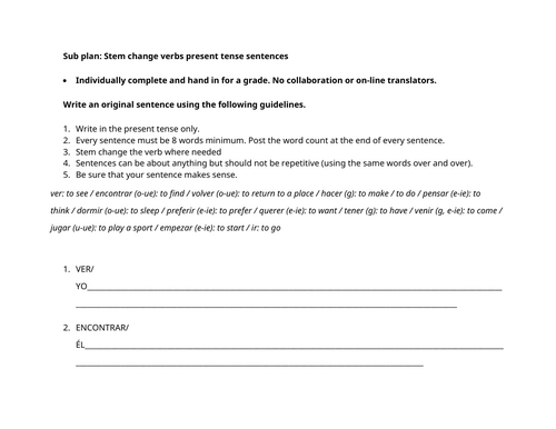 Spanish sub plan: Stem change verbs present tense sentences