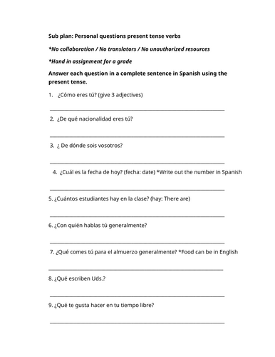 Spanish sub plan: Personal questions present tense verbs