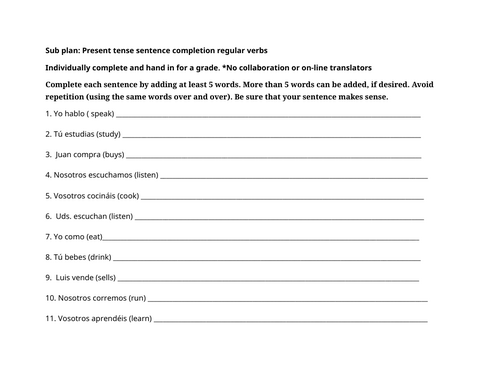 Spanish sub plan: Present tense sentence completion regular verbs
