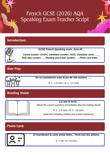 AQA French/Spanish/Italian/German NEW Speaking Exam Scripts