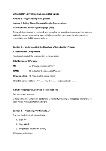 BSL Introducing Yourself – Name & Fingerspelling Practice Worksheet (Module 2)