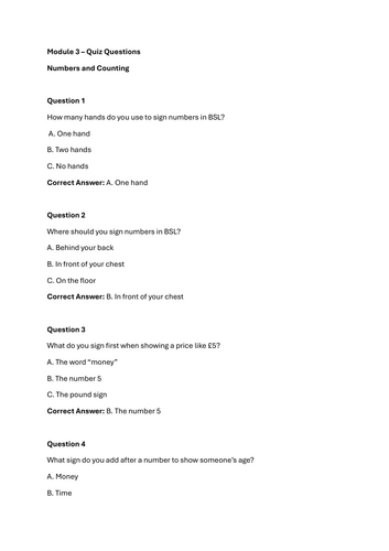 BSL Numbers 1–20 Quiz – One‑Handed Number Assessment (Module 3)