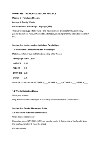 BSL Family Vocabulary Practice Worksheet (Initialised Signs & Gender Placement – Module 5)