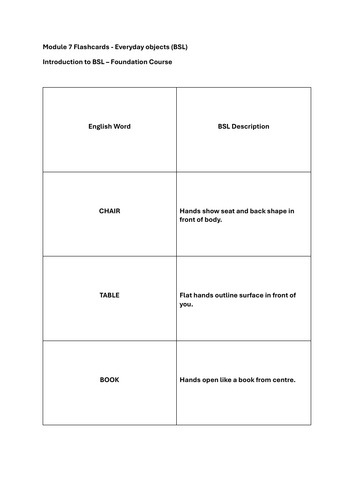 BSL Everyday Objects Flashcards (Module 7)