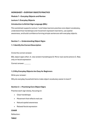 BSL Everyday Objects Practice Worksheet (Module 7)