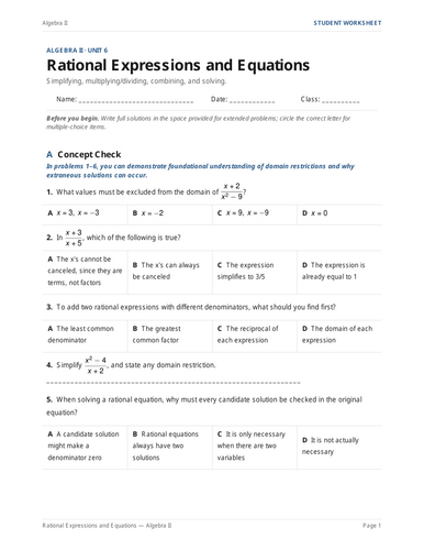 Rational Expressions and Equations Practice & Key