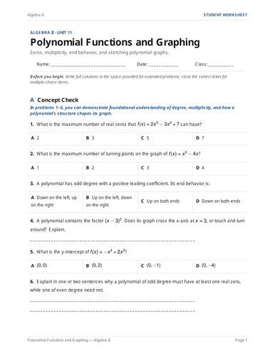Polynomial Functions and Graphing Practice & Key