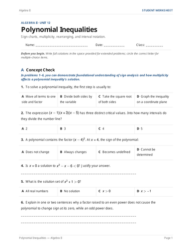 Polynomial Inequalities Practice & Key