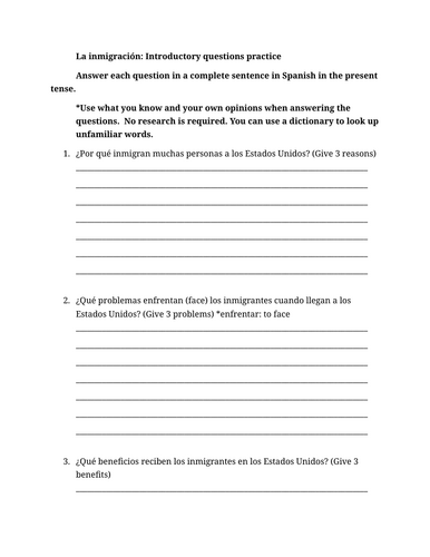 La inmigración: Introductory questions practice