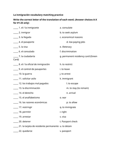La inmigración vocabulary matching practice