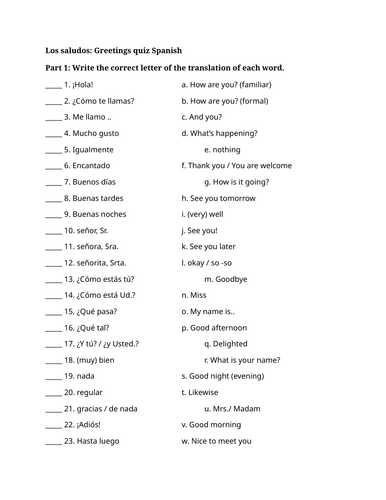 Los saludos: Greetings quiz Spanish