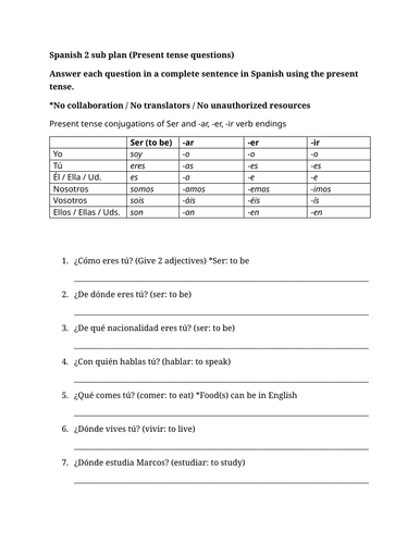 Spanish 2 sub plan (Present tense questions)