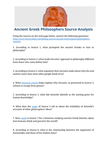 Ancient Greek Philosophers Source Analysis Worksheet