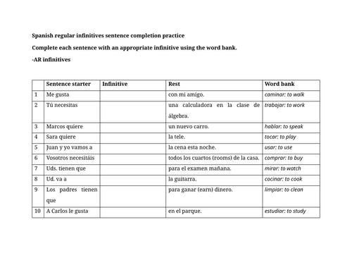 Spanish regular infinitives sentence completion practice