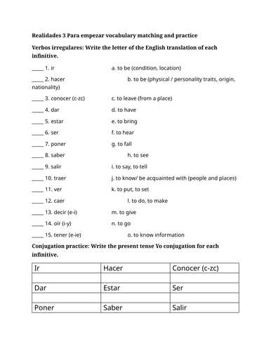 Realidades 3 Para empezar vocabulary matching and practice