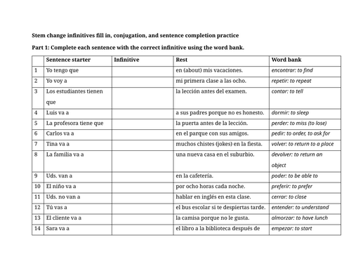 Stem change infinitives fill in, conjugation, and sentence completion practice