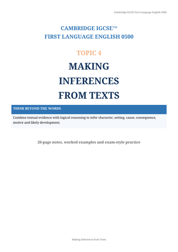 Inference skills with this 20-page Cambridge IGCSE First Language English 0500 booklet.