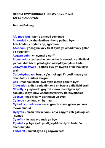 GEIRFA GWYDDONIAETH BLWYDDYN 7 a 8