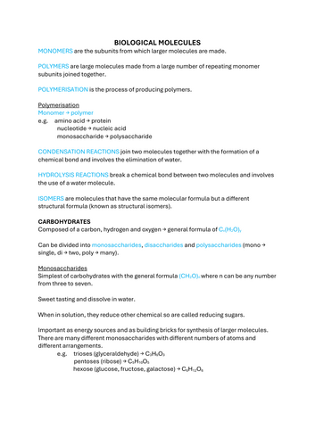 Biological Molecules Revision Notes