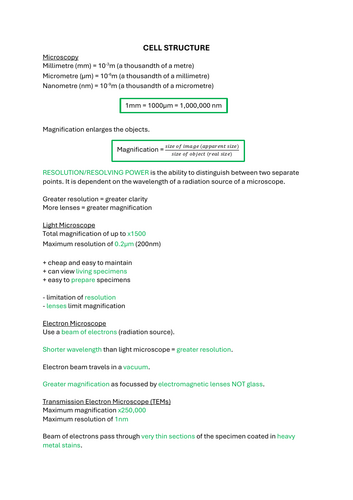 Cell Structure Revision Notes