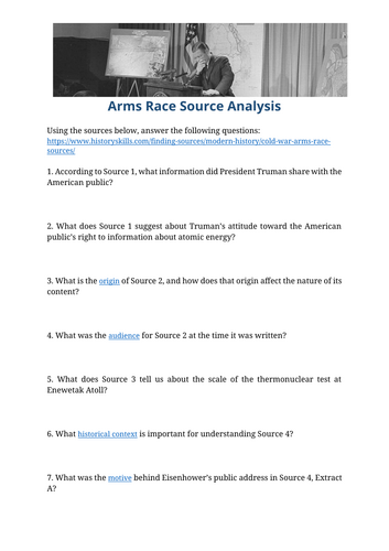 Cold War Arms Race Source Analysis Worksheet