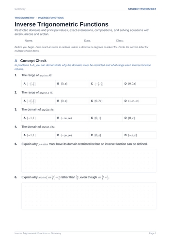 Inverse Trigonometric Functions Practice & Key