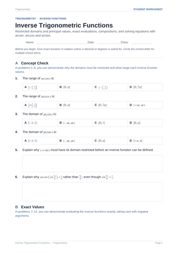 Inverse Trigonometric Functions Practice & Key