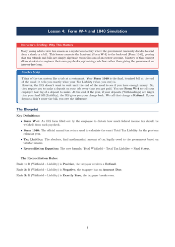 PSHE / Financial Education Cover Lesson: Form W-4 and 1040 Simulation (No Prep)