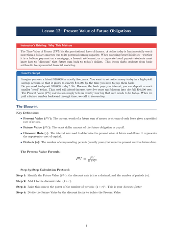 PSHE / Financial Education Cover Lesson: Present Value of Future Obligations (No Prep)