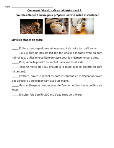 French reading comprehension activity - Steps on how to make an instant latté