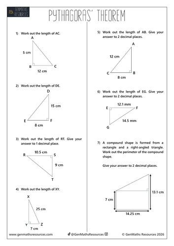Pythagoras' Theorem - Maths GCSE Foundation Worksheet