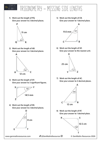 Trigonometry Missing Side Lengths - Maths GCSE Foundation Worksheet