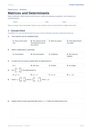 Matrices and Determinants Practice & Key