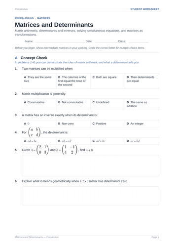 Matrices and Determinants Practice & Key